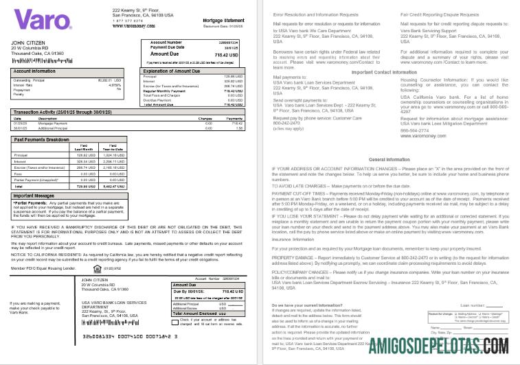 Declaração de hipoteca do Varo Bank dos EUA, Califórnia, em formatos Word e PDF amostra